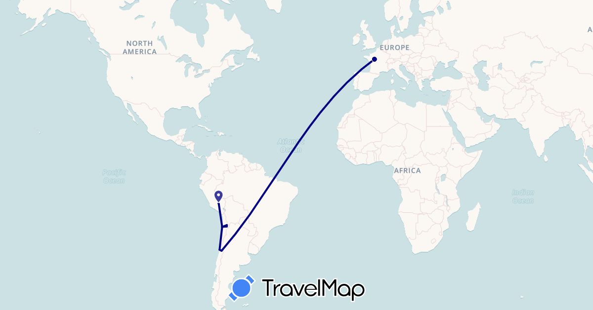 TravelMap itinerary: driving in Chile, France, Peru (Europe, South America)